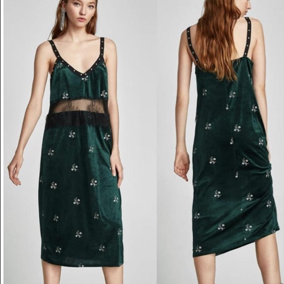 zara velvet midi dress green